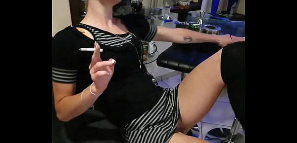  Skinny girl smoking while showing off her pussy